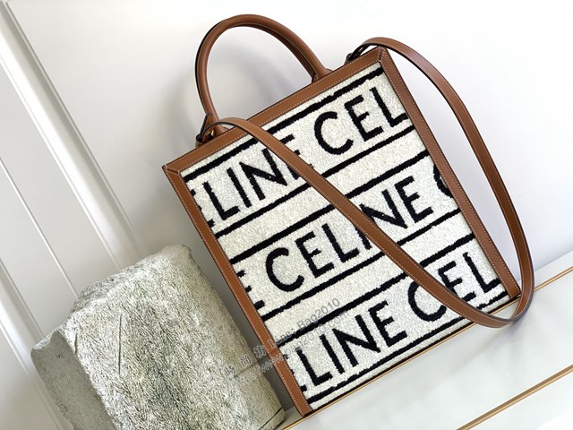 Celine專櫃2022新款通體印花織物牛皮革CABAS小號購物袋 賽琳黑白字母織物托特購物袋 sldj2311